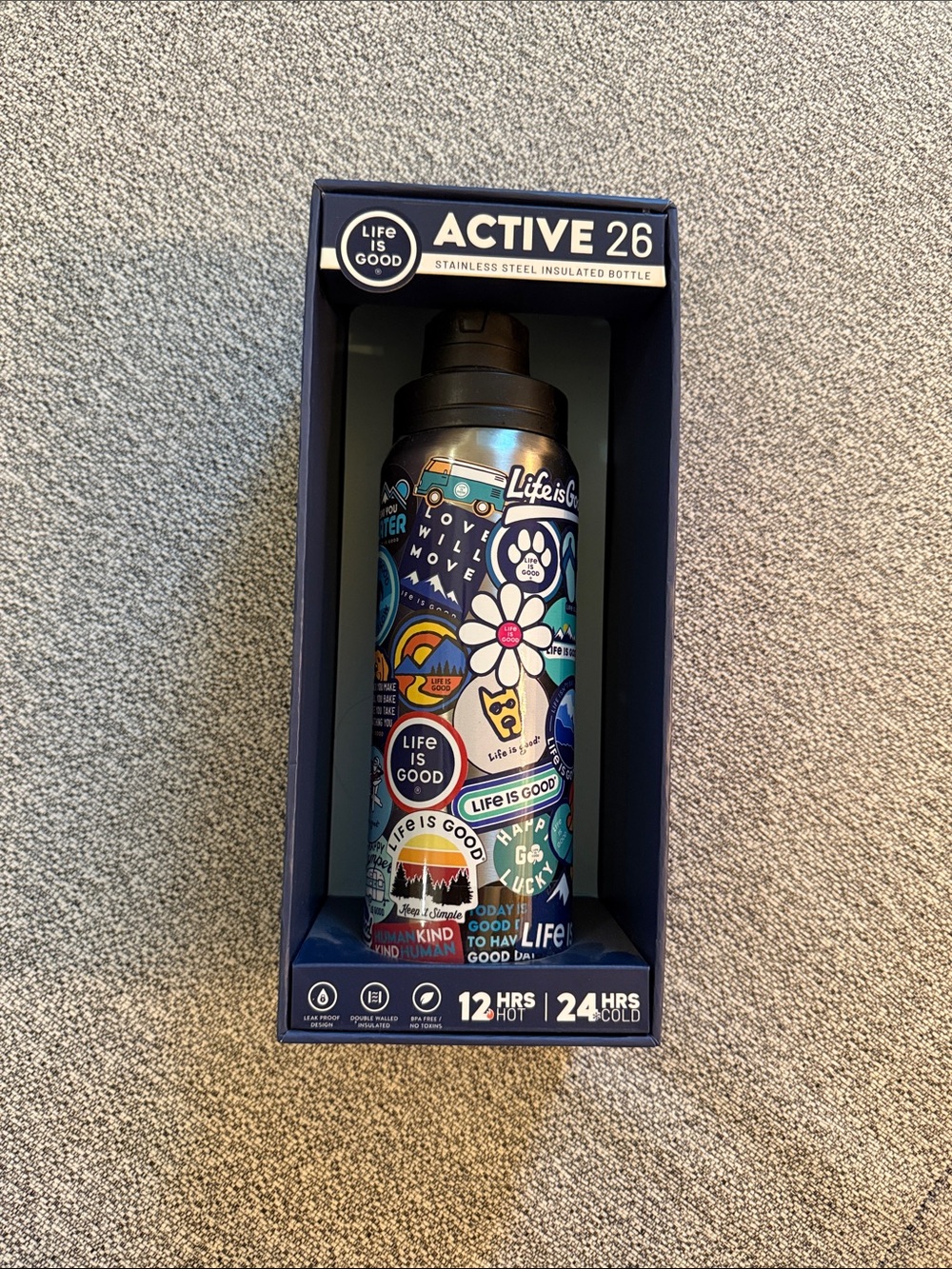 Life Is Good multicolor sticker-collage insulated bottle with navy accents